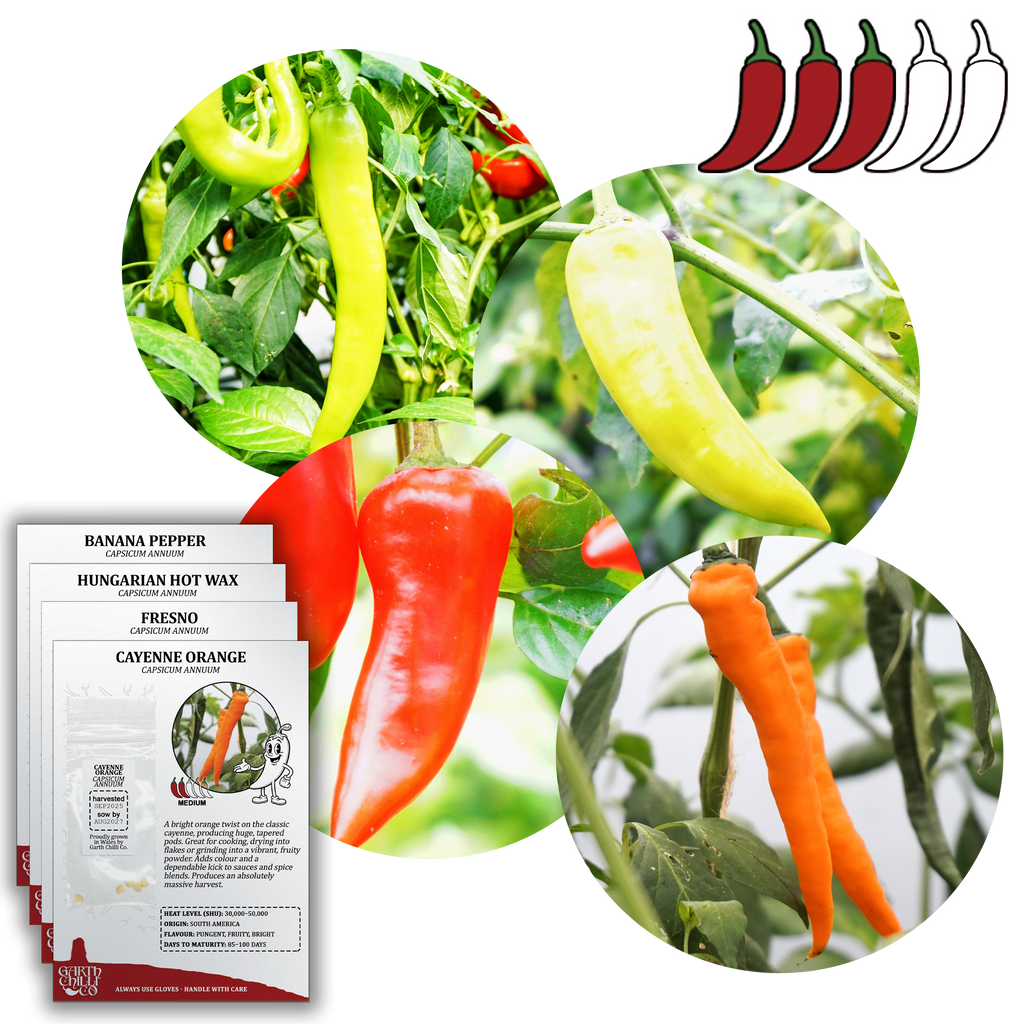 Hot & Huge Chilli Seed Set (20) – Hungarian Hot Wax, Fresno, Cayenne Orange, Banana Pepper