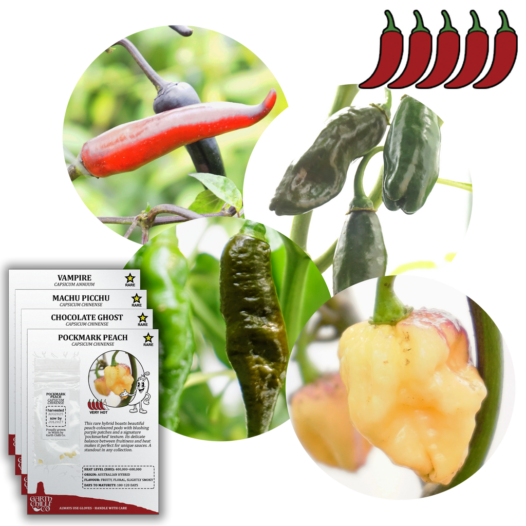 Rare Chilli Seed Set (20) – Pockmark Peach, Chocolate Ghost, Machu Picchu, Vampire