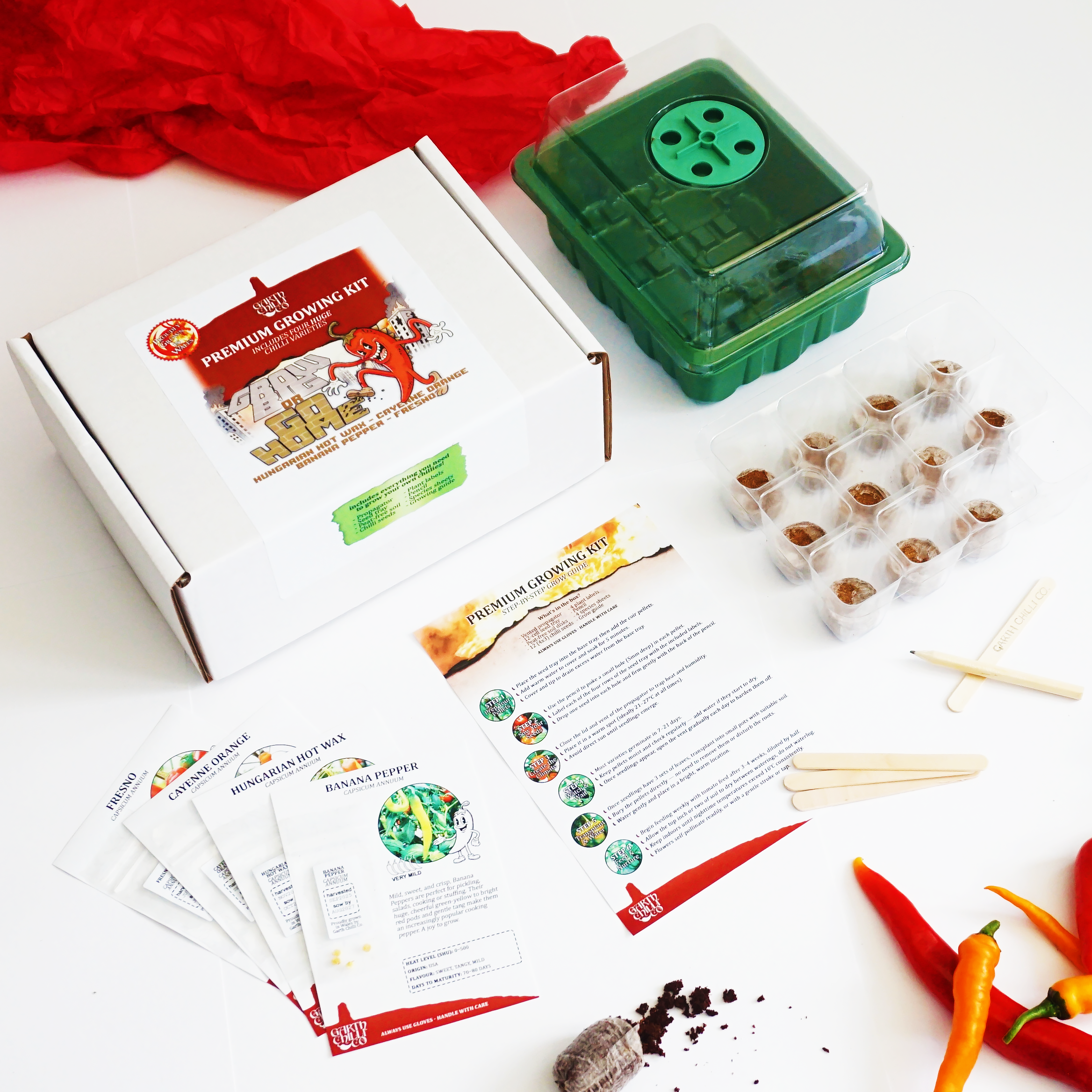 "Grow Big or Go Home" Premium Growing Kit / Gift Set - Hungarian Hot Wax, Fresno, Hot Fajita, Banana