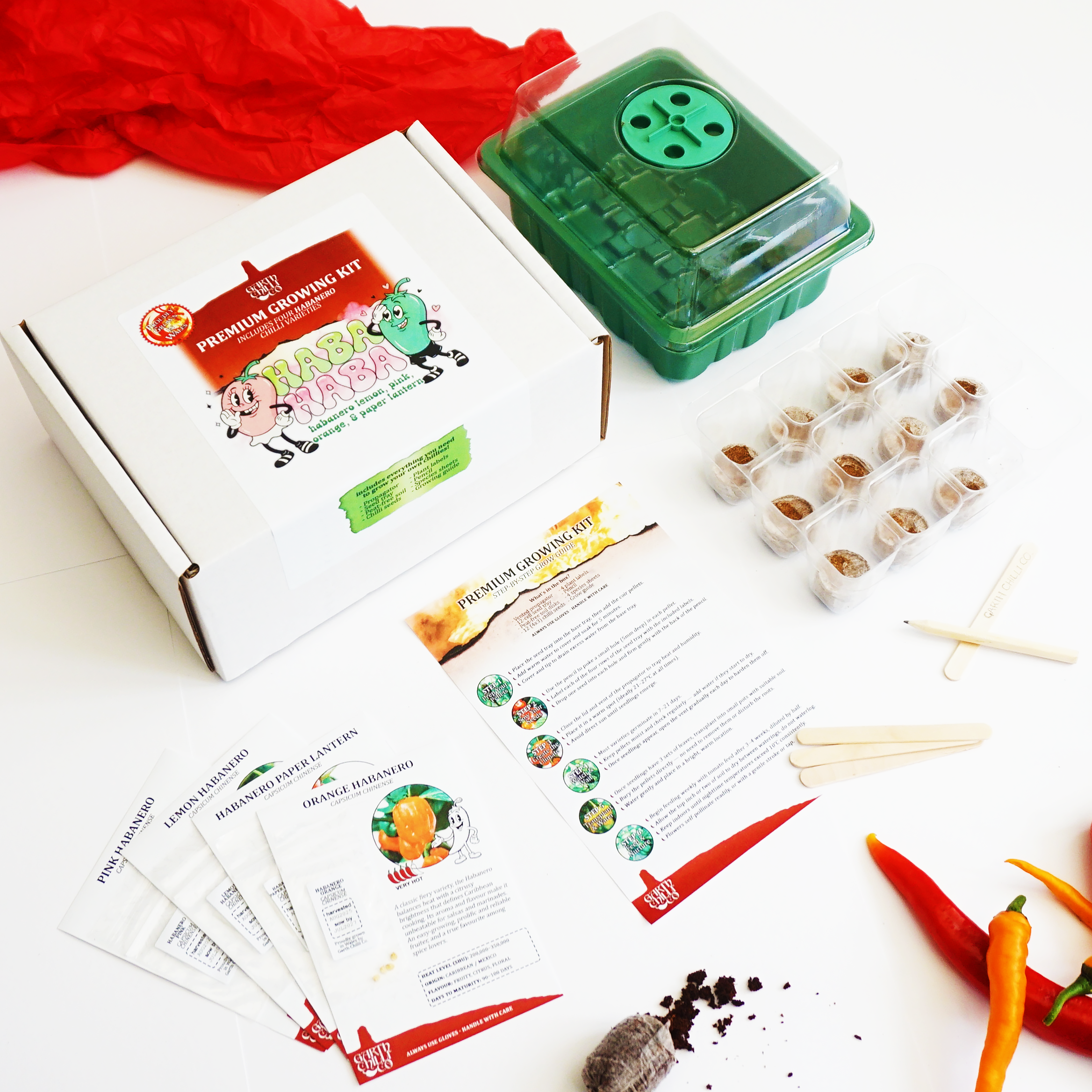 "Haba Haba" Premium Growing Kit / Gift Set - Habanero Orange, Pink, Lemon, Paper Lantern