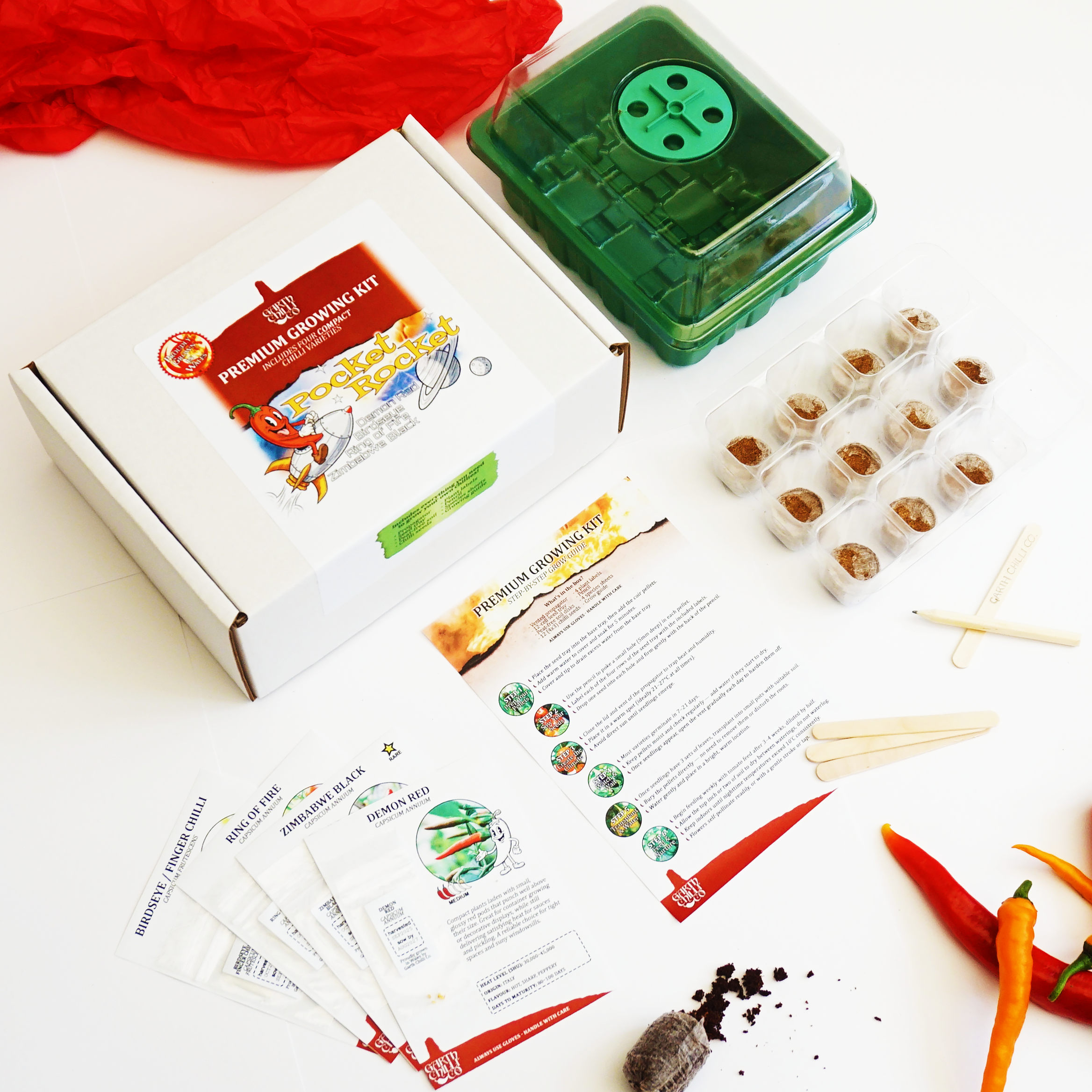 "Pocket Rocket" Premium Growing Kit / Gift Set - Demon Red, Bird's Eye, Ring of Fire, Zimbabwe Black