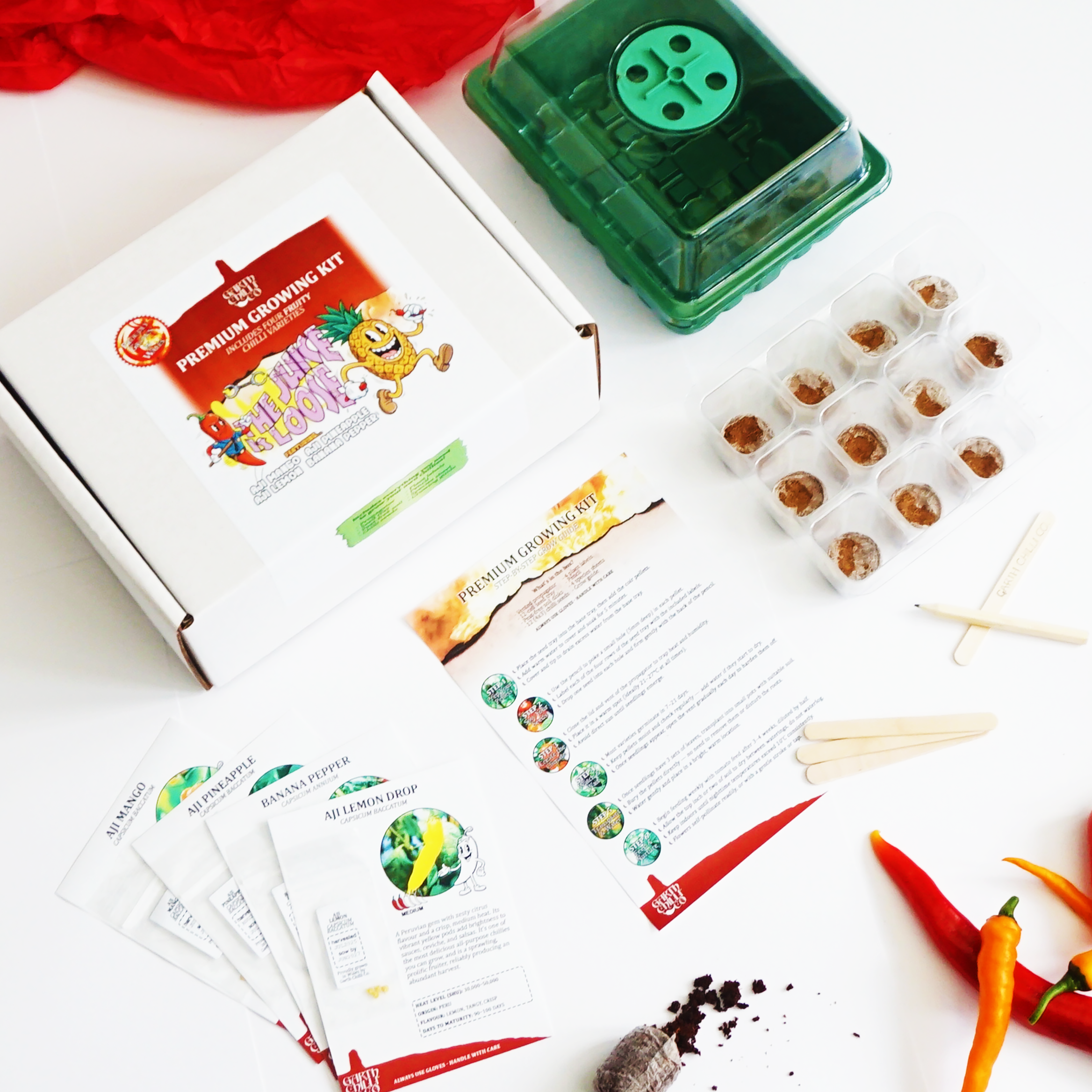 "The Juice is Loose" Premium Growing Kit / Gift Set - Aji Lemon Drop, Aji Mango, Aji Pineapple, Banana Pepper