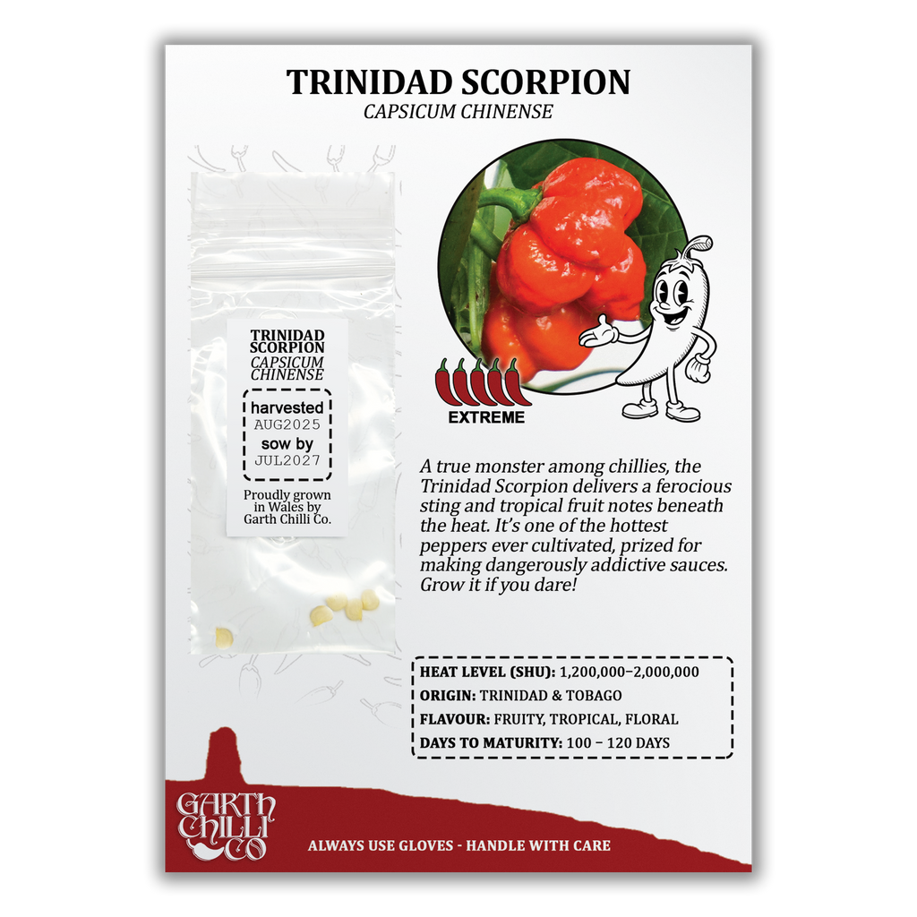 Superhot Chilli Seed Set (20) – Red Ghost / Bhut Jolokia, Trinidad Moruga Scorpion, Habanero Orange, Scotch Bonnet